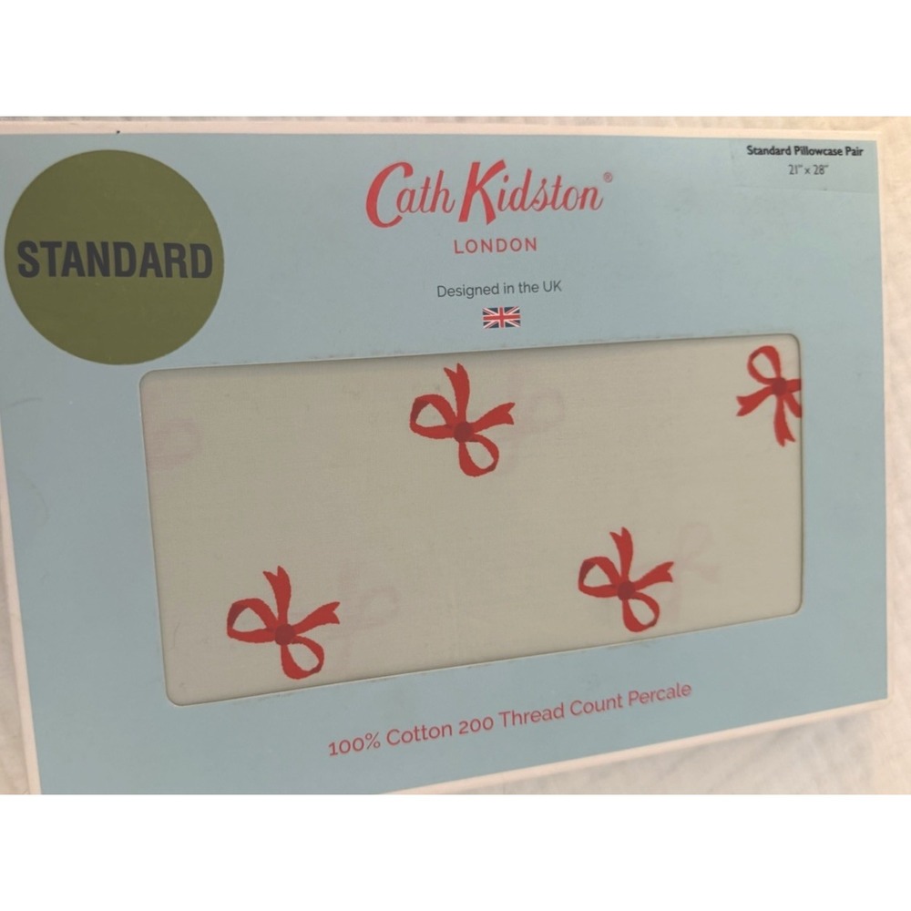 Cath Kidston New London Bow Ruby Sage Standard Pillowcase Pair 21x28" 200 Thread